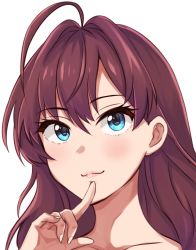 1girl ahoge blue_eyes blush female_focus finger_to_mouth hair_between_eyes ichinose_shiki idolmaster idolmaster_cinderella_girls keikesu long_hair nail_(hardware) red_hair simple_background smile solo white_background