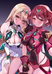 Rule 34 | 2girls, blonde hair, breasts, highres, large breasts, matrix16, multiple girls, mythra (xenoblade), pyra (xenoblade), red eyes, red hair, xenoblade chronicles (series), xenoblade chronicles 2