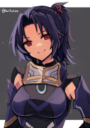 Rule 34 | 1girl, absurdres, armor, ashera (xenoblade), black hair, breasts, dark-skinned female, dark skin, hair ornament, haruto yuki, highres, large breasts, looking at viewer, ponytail, red eyes, shoulder armor, simple background, smile, xenoblade chronicles (series), xenoblade chronicles 3