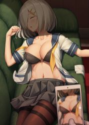 Rule 34 | 1girl, areola slip, black bra, black pantyhose, blue sailor collar, blush, bra, breasts, cellphone, cellphone photo, cleavage, closed eyes, collarbone, commentary, couch, gloves, unworn gloves, grey skirt, hair ornament, hair over one eye, hairclip, hamakaze (kancolle), highres, holding, holding phone, ichikawa feesu, kantai collection, large breasts, navel, neckerchief, open bra, open mouth, pantyhose, phone, pleated skirt, sailor collar, school uniform, serafuku, short hair, silver hair, skirt, sleeping, smartphone, solo focus, underwear, white gloves, yellow neckerchief