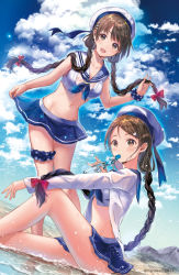 Rule 34 | 2girls, :d, beach, beret, blue skirt, blue sky, bottle, bow, braid, breasts, bridal garter, brown eyes, brown hair, cloud, cloudy sky, crop top, day, dutch angle, forehead, hair bow, hair ornament, hairclip, hand up, hanekoto, hat, holding, holding bottle, knee up, medium breasts, multiple girls, navel, open mouth, original, outdoors, purple bow, ramune, sailor, sailor collar, shallow water, sitting, skirt, sky, smile, standing, twin braids, twitter username, water