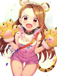 Rule 34 | 1girl, absurdres, animal ears, animal hands, blush, brown hair, collar, commentary, confetti, cowboy shot, fake animal ears, fake tail, fangs, fur trim, gloves, gym shorts, headband, highres, idolmaster, idolmaster (classic), long hair, looking at viewer, minase iori, name tag, open mouth, paw gloves, red eyes, sash, shennai misha, short shorts, shorts, simple background, sketch, smile, solo, sparkle, stuffed animal, stuffed rabbit, stuffed toy, tail, tank top, thigh gap, tiger ears, tiger paws, tiger tail, v-shaped eyebrows, white background
