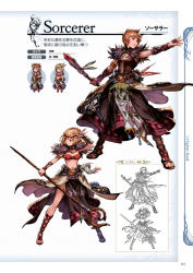Rule 34 | 10s, 1boy, 1girl, arm guards, armlet, belt, bikini, bikini top only, blonde hair, bob cut, boots, brown eyes, brown hair, capelet, chibi, circlet, djeeta (granblue fantasy), feathers, full body, fur trim, gran (granblue fantasy), granblue fantasy, highres, holding, jewelry, legs apart, lineart, midriff, minaba hideo, navel, non-web source, official art, open mouth, outstretched arm, pelvic curtain, ring, sandals, scan, short hair, side slit, simple background, skirt, sleeveless, sorcerer (granblue fantasy), staff, swimsuit, wide stance
