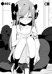 Rule 34 | 1girl, absurdres, bare arms, bare shoulders, blush, body writing, bow, collarbone, dress, english text, greyscale, hair between eyes, hair bow, heart, highres, knees up, long hair, looking away, monochrome, no shoes, nose blush, original, panties, panties around leg, parted lips, pussy, recording, sitting, sleeveless, sleeveless dress, socks, solo, strap slip, stuffed animal, stuffed toy, surio, teddy bear, trembling, uncensored, underwear, very long hair
