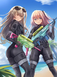 Rule 34 | 2girls, alternate costume, ass, beach, blue eyes, blue sky, bodysuit, brown hair, closed mouth, day, diving suit, girls&#039; frontline, gun, hair between eyes, hair ornament, holding, holding gun, holding weapon, long hair, looking at viewer, multicolored hair, multiple girls, ocean, one eye closed, one side up, outdoors, pink hair, sand, scar, scar across eye, scar on face, side ponytail, sidelocks, sky, st ar-15 (girls&#039; frontline), streaked hair, trigger discipline, ump45 (girls&#039; frontline), water gun, weapon, wetsuit, yellow eyes, yuemanhuaikong