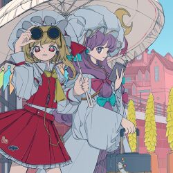 Rule 34 | 2girls, absurdres, adjusting eyewear, blonde hair, book, building, cowboy shot, crescent, crescent hat ornament, day, dress, earphones, eyewear on head, flandre scarlet, frilled skirt, frills, hair ribbon, hand on eyewear, hand up, hat, hat ornament, highres, holding, holding book, holding umbrella, long hair, long sleeves, looking at viewer, mob cap, multiple girls, neruzou, one side up, open book, outdoors, parasol, parted lips, patchouli knowledge, pleated skirt, purple eyes, purple hair, red eyes, red skirt, red vest, ribbon, rolling suitcase, round eyewear, shirt, skirt, skirt set, standing, suitcase, sunglasses, touhou, umbrella, vest, white dress, white headwear, white shirt, wide sleeves