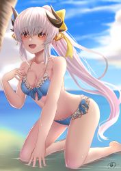 Rule 34 | 1girl, ass, bare arms, bare shoulders, bikini, blue bikini, blurry, blurry background, blush, bow, breasts, cleavage, collarbone, commentary request, day, fate/grand order, fate (series), frills, hair bow, hair ornament, highres, horns, kiyohime (fate), kiyohime (fate/grand order), kiyohime (swimsuit lancer) (fate), kiyohime (swimsuit lancer) (third ascension) (fate), kneeling, long hair, looking at viewer, medium breasts, open mouth, orange eyes, outdoors, smile, solo, swimsuit, vdrn1dd2gxldt3g, very long hair, white hair, yellow bow