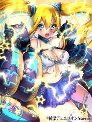 Rule 34 | 1girl, blonde hair, blue eyes, blue skirt, blush, breasts, character request, cleavage, electricity, fighting stance, junketsu duelion, large breasts, lightning, long hair, mataro (matarou), mechanical arms, navel, open mouth, skirt, solo, symbol-shaped pupils, thighhighs, twintails, white thighhighs
