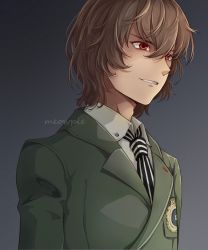 Rule 34 | 1boy, akechi gorou, artist name, brown eyes, collar, evil grin, evil smile, gradient background, grey background, grin, hair between eyes, looking to the side, male focus, meowpie, messy hair, military, military uniform, necktie, persona, persona 5, red eyes, shaded face, short hair, simple background, smile, solo, standing, striped necktie, uniform, upper body, vertical-striped clothes, vertical-striped necktie, white collar
