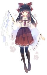 Rule 34 | 1girl, adapted costume, black legwear, boots, bow, brown eyes, brown footwear, brown hair, commentary, detached sleeves, floral background, full body, gohei, hair bow, hair tubes, hakurei reimu, hand up, highres, holding, knee boots, long hair, long sleeves, looking at viewer, necktie, nikorashi-ka, nontraditional miko, pleated skirt, red bow, red necktie, red skirt, sailor collar, shide, shirt, short necktie, skirt, solo, touhou, white background, white shirt