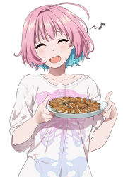 Rule 34 | 1girl, :d, ^ ^, ahoge, blue hair, closed eyes, collarbone, dumpling, eighth note, eyebrows hidden by hair, facing viewer, fang, food, hair intakes, hands up, holding, holding plate, idolmaster, idolmaster cinderella girls, jiaozi, mattaku mousuke, multicolored hair, musical note, open mouth, pink hair, plate, print shirt, shirt, short sleeves, simple background, skeleton print, smile, solo, two-tone hair, upper body, white background, white shirt, yumemi riamu