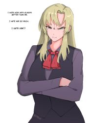 Rule 34 | 1girl, black skirt, black vest, blonde hair, bow, collared shirt, commentary, crossed arms, english commentary, english text, green eyes, grey shirt, hair behind ear, highres, long hair, original, parted bangs, red bow, shirt, skirt, solo, twitter username, v-shaped eyebrows, vest, white background, yblndr