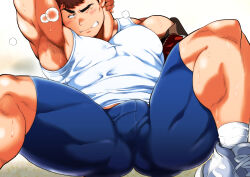 Rule 34 | 1boy, absurdres, armpit hair, armpits, bara, bare shoulders, blue leggings, blush, breath, brown hair, bulge, chabashira tatsukichi, clenched teeth, gluteal fold, highres, large pectorals, leggings, male focus, mature male, muscular, muscular male, off shoulder, one eye closed, original, pectoral squeeze, pectorals, presenting armpit, shoes, short hair, sideburns, sidepec, sneakers, solo, spread legs, sweat, tank top, teeth, thick thighs, thighs, very sweaty, white tank top