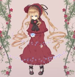 Rule 34 | 1girl, bad id, bad pixiv id, blonde hair, blue eyes, blue flower, blue rose, bonnet, bow, bowtie, dress, flower, full body, hi69, holding, leaf, long hair, petals, plant, purple background, red dress, red flower, red rose, rose, rozen maiden, shinku, solo, spoilers, standing, twintails, vines