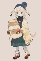 Rule 34 | 1girl, animal ears, beanie, bell, black eyes, blanket, bottle, brown background, closed mouth, dot nose, full body, furry, furry female, goat ears, goat girl, goat tail, green sweater, hat, highres, holding, holding jar, hooves, jar, milk bottle, mittens, myu (3u gumi), neck bell, no pupils, original, short hair, simple background, solo, standing, sweater, tachi-e, tail, turtleneck, turtleneck sweater, white hair
