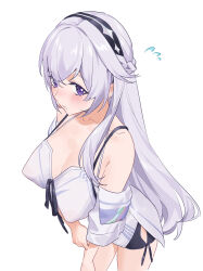 Rule 34 | 1girl, absurdres, airseal, blush, breasts, calabiyau, dress, grey hair, highres, large breasts, looking at viewer, purple eyes, simple background, solo, white background, white dress