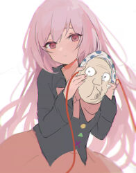 Rule 34 | 1girl, absurdres, bow, bowtie, collared shirt, commentary request, hata no kokoro, highres, holding, holding mask, hyottoko mask, kani nyan, long hair, long sleeves, looking at viewer, mask, parted lips, pink bow, pink bowtie, pink eyes, pink hair, shirt, simple background, solo, touhou, upper body, white background