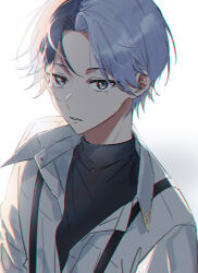 Rule 34 | aoyagi touya, black shirt, blue hair, collared shirt, hk (wgyz7222), looking at viewer, male focus, mole, mole under eye, multicolored hair, parted hair, partially unbuttoned, project sekai, shirt, suspenders, vivid bad squad (project sekai)