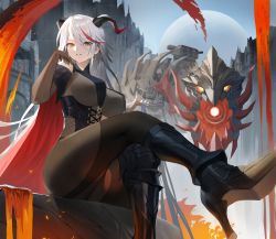 Rule 34 | 1girl, aegir (azur lane), ankle boots, azur lane, blush, bodystocking, boots, breast curtains, breasts, cross, cross earrings, demon horns, earrings, embers, from below, full body, grin, hand on own face, high heel boots, high heels, highres, hood (james x), horns, jewelry, large breasts, leg up, long hair, looking at viewer, multicolored hair, outdoors, red hair, shoe soles, silver hair, sitting, smile, solo, streaked hair, symbol-only commentary, yellow eyes