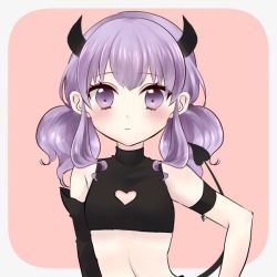 Rule 34 | 1girl, bare shoulders, black shirt, blush, brown background, chitosezaka suzu, cleavage cutout, clothing cutout, commentary request, crop top, demon girl, demon horns, demon tail, female focus, grey background, horns, long hair, looking at viewer, original, purple eyes, purple hair, shirt, sleeveless, sleeveless shirt, solo, tail, tail raised, two-tone background, upper body