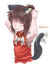 Rule 34 | 1girl, adjusting hair, animal ears, armpits, bow, brown eyes, brown hair, cat ears, cat tail, chen, dated, earrings, hair tie, highres, jewelry, kabu (yuyuibob), looking at viewer, mouth hold, multiple tails, simple background, solo, tail, touhou, tying hair
