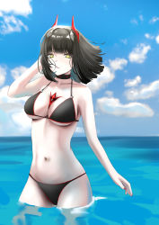 Rule 34 | 1girl, absurdres, alternate costume, alternate hair length, alternate hairstyle, arm behind head, azur lane, bare shoulders, between breasts, bikini, black bikini, black collar, black hair, blue sky, breasts, chinese commentary, cleavage, closed mouth, collar, collarbone, feet out of frame, hair ornament, hairclip, highres, horns, light blush, lips, looking at viewer, medium breasts, medium hair, mianbaoren, nail polish, navel, navel piercing, ocean, on water, piercing, red nails, sky, solo, standing, stomach, swimsuit, ulrich von hutten (azur lane), yellow eyes