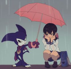Rule 34 | 1boy, 1girl, ai (digimon), claws, digimon, digimon (creature), digimon tamers, full body, highres, holding, holding umbrella, impmon, looking at another, low twintails, rain, scarf, skirt, squatting, tail, twintails, umbrella