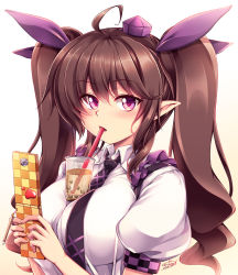 Rule 34 | 1girl, ahoge, beige background, black necktie, blush, breasts, brown hair, bubble tea, bubble tea challenge, cellphone, commentary request, cup, disposable cup, drinking straw, frilled shirt collar, frills, gradient background, hair between eyes, hair ribbon, hat, himekaidou hatate, holding, holding phone, large breasts, long hair, looking at viewer, necktie, phone, pointy ears, puffy short sleeves, puffy sleeves, purple eyes, purple ribbon, ribbon, shirt, short sleeves, signature, solo, tokin hat, touhou, twintails, upper body, white background, white shirt, windart, wing collar