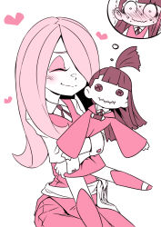 Rule 34 | 2girls, artist request, asymmetrical bangs, blunt bangs, doll, hugging doll, heart, hug, kagari atsuko, little witch academia, multiple girls, hugging object, simple background, sucy manbavaran, tagme, transformation, trapped, voodoo doll, wavy mouth, white background