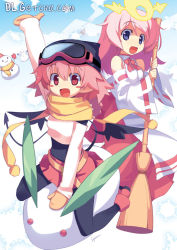 Rule 34 | 2girls, bad id, bad pixiv id, blush stickers, broom, detached sleeves, goggles, goggles on head, japanese clothes, long hair, miko, multiple girls, open mouth, original, pink hair, smile, snow rabbit, sumaki shungo