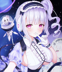 Rule 34 | 1girl, absurdres, azur lane, black hairband, blush, breasts, center frills, closed mouth, clothing cutout, collared shirt, commentary request, dido (azur lane), dido (muse) (azur lane), framed breasts, frilled hairband, frills, funii, gloves, hairband, hand up, headphones, headset, highres, index finger raised, large breasts, long hair, looking at viewer, plaid, planet, planetary ring, puffy short sleeves, puffy sleeves, purple eyes, purple hair, ringlets, shirt, short sleeves, side ponytail, smile, solo, underboob cutout, upper body, very long hair, white gloves, white shirt