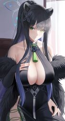 Rule 34 | 1girl, absurdres, animal ear fluff, animal ears, bare shoulders, black dress, black hair, blue archive, breasts, bridal gauntlets, china dress, chinese clothes, cleavage, detached sleeves, dress, feather boa, green eyes, hair ornament, halo, high ponytail, highres, large breasts, leavv, long hair, looking at viewer, shun (blue archive), side slit, sidelocks, smile, solo, tassel, tiger ears