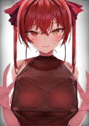 Rule 34 | 1girl, absurdres, breasts, closed mouth, gradient background, grey background, hair between eyes, hair ribbon, heterochromia, highres, hololive, houshou marine, large breasts, long hair, looking at viewer, open mouth, pomesaurus, red eyes, red hair, red ribbon, ribbon, solo, sweat, twintails, upper body, virtual youtuber, yellow eyes