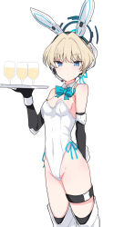 Rule 34 | 1girl, animal ears, blonde hair, blue archive, blue bow, blue bowtie, blue eyes, bow, bowtie, cocktail glass, cowboy shot, cup, detached collar, drinking glass, earpiece, elbow gloves, fake animal ears, gloves, hair bun, hand up, highleg, highleg leotard, highres, holding, holding tray, itamochi, leotard, playboy bunny, rabbit ears, standing, strapless, strapless leotard, thigh strap, toki (blue archive), tray, white background, white leotard