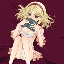 Rule 34 | 1girl, alice margatroid, black eyes, blonde hair, book, bra, breasts, cleavage, covering privates, covering face, female focus, hairband, lingerie, lying, nia, nia (littlestars), on back, panties, short hair, small breasts, solo, touhou, underwear, white bra, white panties