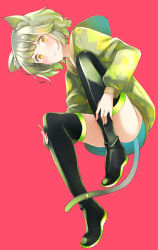 Rule 34 | 1girl, animal ear fluff, animal ears, ass, black footwear, black thighhighs, blush, boots, brown eyes, cat ears, cat girl, cat tail, closed mouth, comah, commentary request, convenient leg, full body, green hair, highres, long sleeves, original, puffy long sleeves, puffy sleeves, red background, short hair, simple background, solo, tail, thigh boots, thighhighs