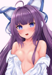 Rule 34 | 1girl, :d, absurdres, ahoge, azur lane, blouse, blue eyes, blush, breasts, collared shirt, commentary request, convenient censoring, dress shirt, hair censor, hair intakes, hair over breasts, hair over one breast, highres, long hair, looking at viewer, navel, off shoulder, open clothes, open mouth, open shirt, pink background, purple hair, ryara, shirt, simple background, small breasts, smile, solo, tashkent (azur lane), upper body, white shirt