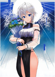 Rule 34 | 1girl, anastasia (idolmaster), ashita (2010), bare shoulders, black dress, blue background, blue eyes, bouquet, breasts, dress, earrings, flower, gradient background, highres, idolmaster, idolmaster cinderella girls, jewelry, long sleeves, looking at viewer, medium breasts, open mouth, puffy sleeves, see-through, see-through sleeves, short hair, side slit, silver hair, smile, solo, thighs