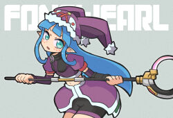 Rule 34 | 1girl, aqua eyes, bike shorts, black shorts, blue hair, blunt bangs, breasts, cowboy shot, crop top, detached sleeves, eyeliner, facial mark, fonewearl, fur-trimmed headwear, fur trim, grey background, hat, holding, holding staff, jester cap, leaning forward, legs together, long hair, makeup, open mouth, overskirt, phantasy star, phantasy star online, pointy ears, puffy sleeves, purple hat, red eyeliner, rupika, seseringo, shorts, small breasts, solo, staff, standing, star (symbol)