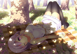 Rule 34 | 1girl, :o, bad id, bad pixiv id, bare arms, blanket, blush, breasts, collarbone, dappled sunlight, dress, forest, full body, grass, hair ornament, hairclip, high heels, kaname 024, long hair, looking at viewer, lying, medium breasts, nature, on back, one eye closed, original, outdoors, petals, pink eyes, purple hair, sandals, unworn sandals, shade, shadow, shoes, unworn shoes, sleeveless, sleeveless dress, solo, spaghetti strap, sunlight, tareme, thighhighs, tree, zettai ryouiki