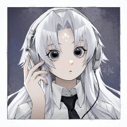 1girl black_necktie collared_shirt commentary_request eyebrows_hidden_by_hair facial_mark forehead_mark glowing grey_eyes grey_hair hair_ornament headphones korean_commentary necktie original pale_skin portrait sepo_(mito609) shirt simple_background solo white_shirt