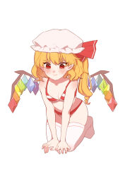 Rule 34 | 1girl, absurdres, bare arms, bikini, blonde hair, blush, breasts, crystal, flandre scarlet, full body, hat, hat ribbon, highres, iwakoo, kneeling, long hair, looking at viewer, mob cap, pointy ears, red bikini, red eyes, red ribbon, ribbon, simple background, smile, solo, swimsuit, thighhighs, touhou, white background, white thighhighs, wings