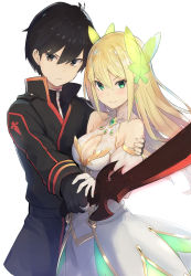Rule 34 | 1boy, 1girl, arm around shoulder, bare shoulders, black eyes, black gloves, black hair, blonde hair, blush, breasts, cleavage, cleavage cutout, clothing cutout, cover, cover image, cover page, detached sleeves, dress, gloves, green eyes, halterneck, highres, holding, holding sword, holding weapon, isegawa yasutaka, medium breasts, novel cover, novel illustration, official art, short hair, simple background, single glove, smile, sword, weapon, white background, white dress, white gloves, world end chronicle