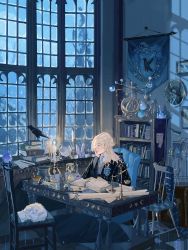 Rule 34 | 1girl, absurdres, animal, animal skull, badge, balance scale, bird, birdcage, black coat, blonde hair, blue gemstone, blue necktie, blue scarf, blue theme, book, bookshelf, bottle, cage, candle, candlelight, candlestand, cat, cauldron, chair, coat, collared shirt, crescent, crow, crystal, elbows on table, flag, gem, glass, grey hair, grey sweater, hand up, hands on own chin, harry potter (series), head rest, highres, hogwarts school uniform, hourglass, indoors, iyzlime, long hair, long sleeves, looking away, looking outside, looking to the side, mortar (bowl), necktie, night, open book, orb, original, pestle, picture frame, portrait (object), profile, ravenclaw, scarf, school uniform, scroll, shirt, sitting, sleeping, smile, snow, snow globe, snowing, striped necktie, sun symbol, sweater, table, unworn scarf, weighing scale, white shirt, window, window shadow, wizarding world