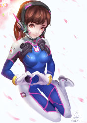 Rule 34 | &gt;:3, 1girl, 2017, :3, acronym, animal print, armor, artist name, blue bodysuit, bodysuit, boots, bracer, breasts, breasts apart, brown eyes, brown hair, cherry blossoms, closed mouth, d.va (overwatch), dated, eyelashes, facepaint, facial mark, flower, full body, gloves, hands up, head tilt, headphones, heart, heart hands, highres, long hair, looking at viewer, medium breasts, on floor, overwatch, overwatch 1, pauldrons, petals, pilot suit, pink lips, rabbit print, shiny clothes, shogakusei aki, shoulder armor, shoulder pads, sitting, skin tight, smile, solo, swept bangs, thigh boots, thigh strap, thighhighs, turtleneck, v-shaped eyebrows, whisker markings, white footwear, white gloves, yokozuwari