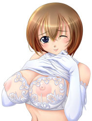 Rule 34 | 1girl, blue eyes, blush, bra, breasts, brown hair, clothes lift, covered erect nipples, elbow gloves, gloves, hiyoko daiou, lace, lace-trimmed bra, lace trim, large breasts, lingerie, looking at viewer, mole, mole under eye, nipples, one eye closed, original, see-through, shirt lift, short hair, smile, solo, underwear, white bra, white gloves, wink