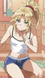 Rule 34 | 1girl, bad id, bad twitter id, blonde hair, braid, breasts, fate/apocrypha, fate (series), french braid, green eyes, hair ornament, hair scrunchie, highres, long hair, looking at viewer, mordred (fate), mordred (fate/apocrypha), mordred (memories at trifas) (fate), parted bangs, ponytail, scrunchie, sidelocks, small breasts, solo, tonee