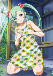 Rule 34 | 00s, 1girl, blue eyes, dress, earrings, female focus, floral print, green hair, hair bobbles, hair ornament, ikkitousen, jewelry, looking at viewer, magatama, magatama earrings, shokatsuryou koumei, smile, solo, twintails, wet, wet clothes