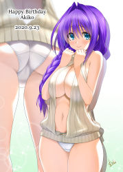 Rule 34 | 1girl, absurdres, ass, birthday, blue eyes, blush, braid, breasts, cleavage, cleavage cutout, closed mouth, clothing cutout, covered erect nipples, dated, dated commentary, gradient background, gradient hair, hair intakes, hair over shoulder, hands on own face, highres, kanon, large breasts, long sleeves, looking at viewer, mature female, minase akiko, mitarashi kousei, multicolored hair, navel, panties, purple hair, signature, single braid, smile, solo, standing, turtleneck, underwear, zoom layer