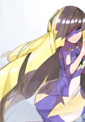 Rule 34 | 1girl, bare arms, bare shoulders, blonde hair, creatures (company), crystal, dress, game freak, gem, green eyes, green gemstone, hair over one eye, highres, long hair, looking at viewer, lusamine (pokemon), multicolored clothes, multicolored dress, nintendo, pokemon, pokemon sm, shaded face, sleeveless, sleeveless dress, smile, solo, very long hair, vinton
